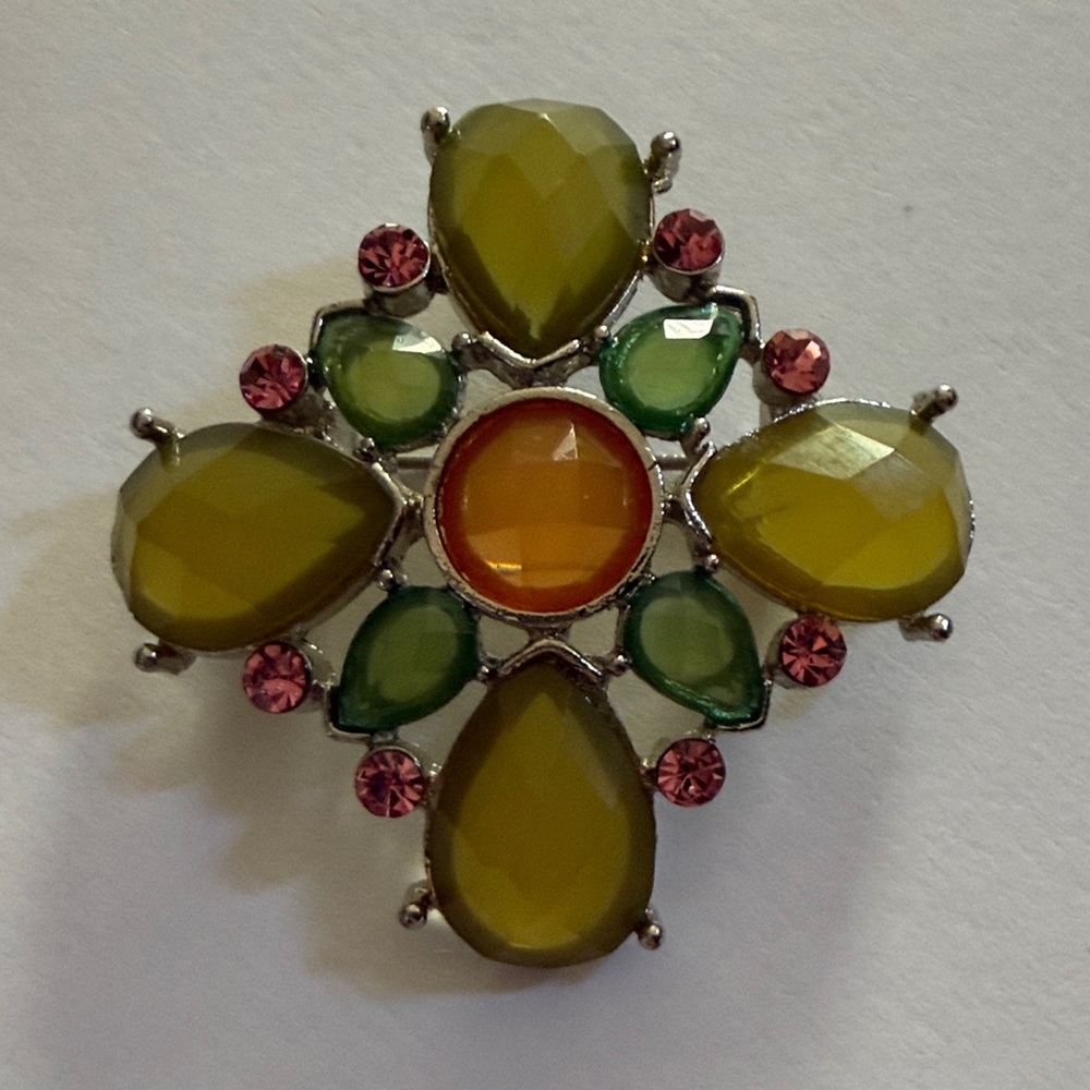 Contemporary Maltese Cross, Silver Tone, Green,Orange,Pink Rhinestone Brooch